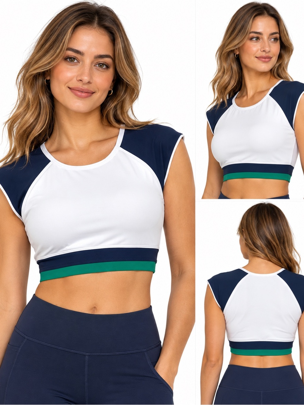 lululemon athletica White Crop Top with Navy Sleeves & Green Band size L